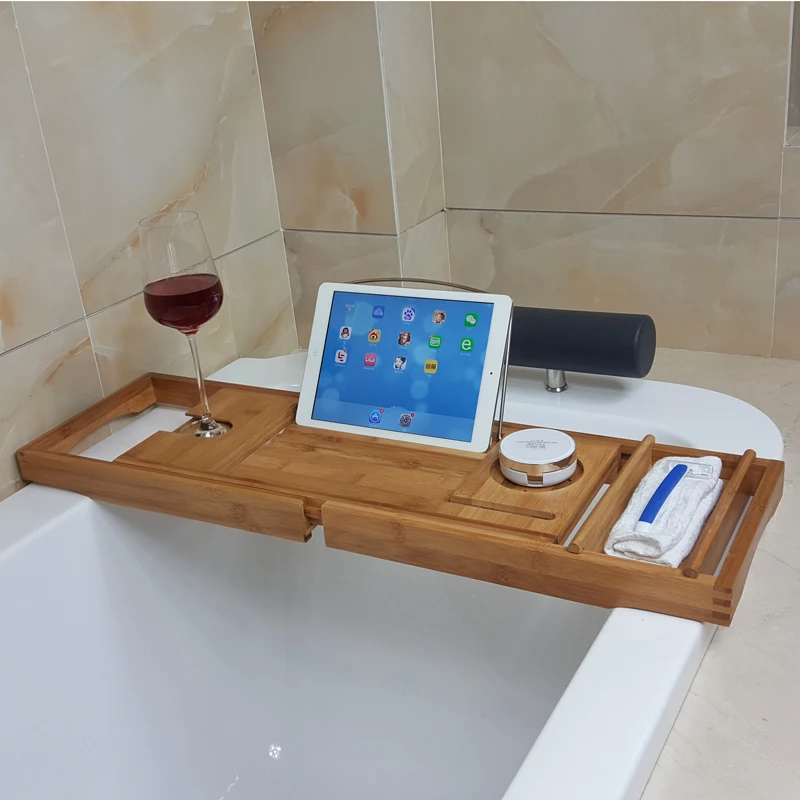 

Bamboo Flexible Bathtub Rack Anti Slip Bathroom Shelf Multifunctional Bathroom Frame for Wine/Book/Food/Soup Storage Holder