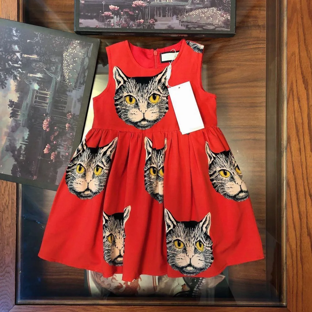 

2019 Fashion luxury brand design Style children girl dress Animal cat head Pattern red princess dresses for girls Sleeveless