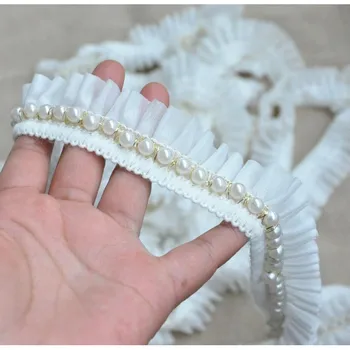 

5 Yard/Lot White Chiffon Beaded Lace Trim Diy Handmade Wedding Dress Clothes Accessory Decoration Lace Fabric 3.5cm Wide YN051