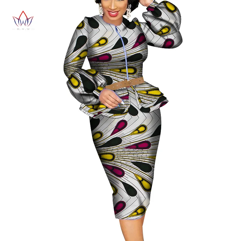 2020 Summer African Dashiki For Women O-neck Skirt Set Natural Bazin Riche African Fashion Clothing Cotton Plus Size BRW WY4686