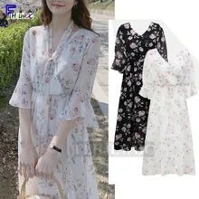 Свежие шифоновые платья для женщин корейский стиль дизайн тонкая талия праздник медовый месяц с расклешенными рукавами Белый Черный шифон платье с цветочным рисунком