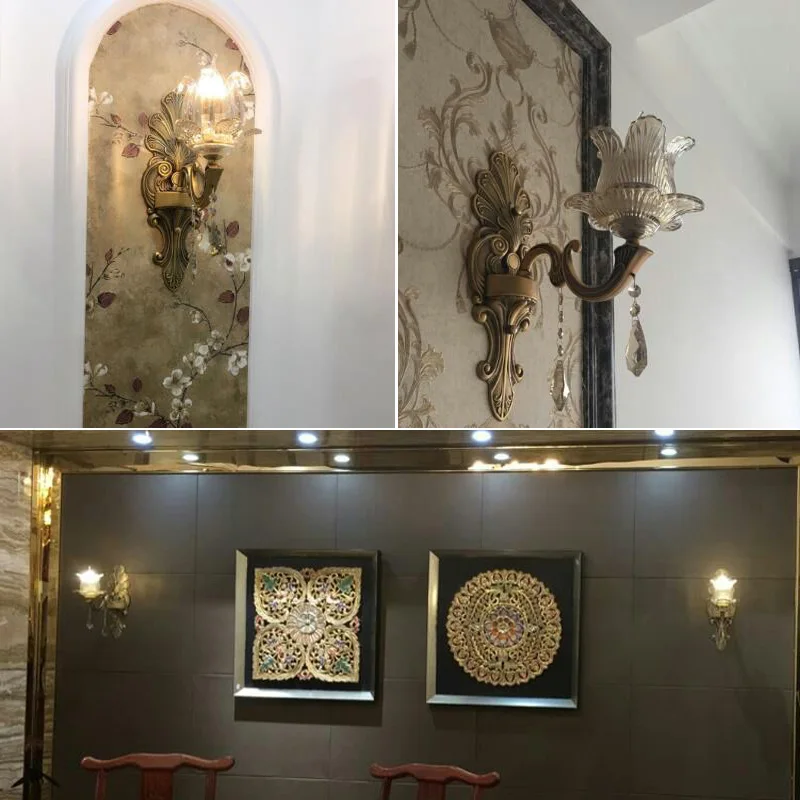 All Copper Living Room Retro Wall Lamp Bedroom Creative Candle Crystal Lamp Corridor Lamp antique bronze wall lights led