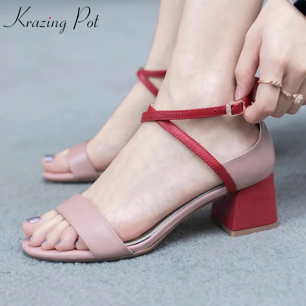 

Krazing Pot full grain leather open toe thick med heels sandals modern mixed color buckle straps dancer sweet party shoes L00