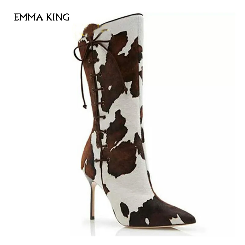 Г. Новые ковбойские ботинки с принтом коровы для женщин, дизайнерская обувь на высоком каблуке под вечернее платье женские кожаные ботинки челси на шнуровке с острым носком
