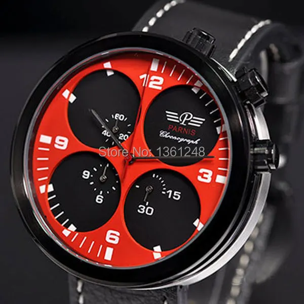 

48mm Parnis Big Face red dial black PVD sandwich dial day date mens quartz WATCH Full chronograph P48