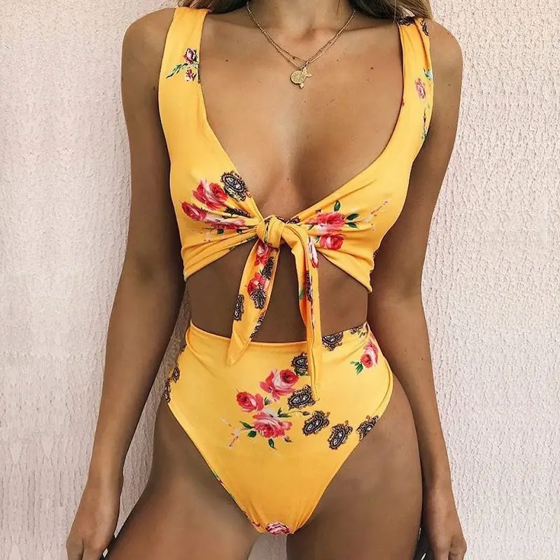 

2018 High Waist Yellow Tied Bikini Set Printed Sexy High Waisted Swimsuit Women Padded Swimwear Bathing Suit Beachwear Biquini