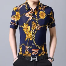 Новая Летняя мужская рубашка Slim Fit короткий рукав рубашка с цветочным рисунком Мужская одежда Повседневная цветок рубашки для мальчиков