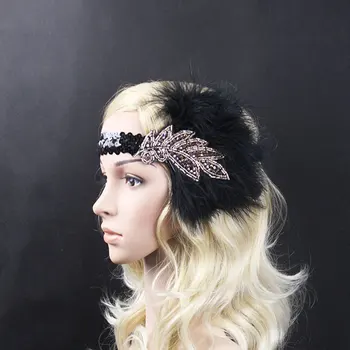 

Golden Rhinestone Beaded Sequin Hair Band Vintage Style Party Stretchy Band Women Novelty Feather Headband Hair Accessories