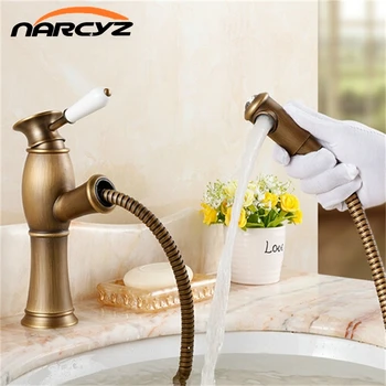 

Retro Europe brass antique pull out rotate single hole single handle basin faucet AF1006