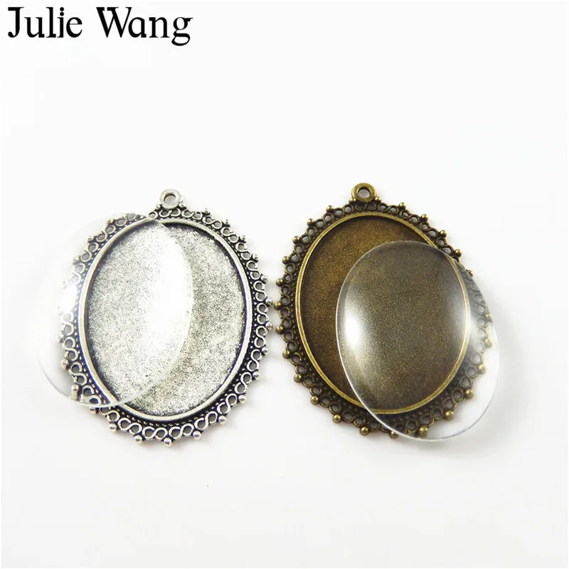 

Julie Wang 2 sets Antique Bronze/Silver Patterns alloy+glass cameo cabochon base setting charm photo pendants Jewelry accessory