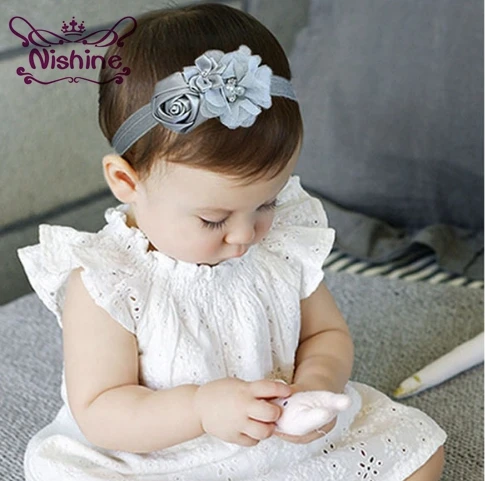 

Nishine 1Pcs Newborn Stain Rose Pearl Chiffon Flower Rhinestone Headband Fashion Infant Children Baby Girls Headband