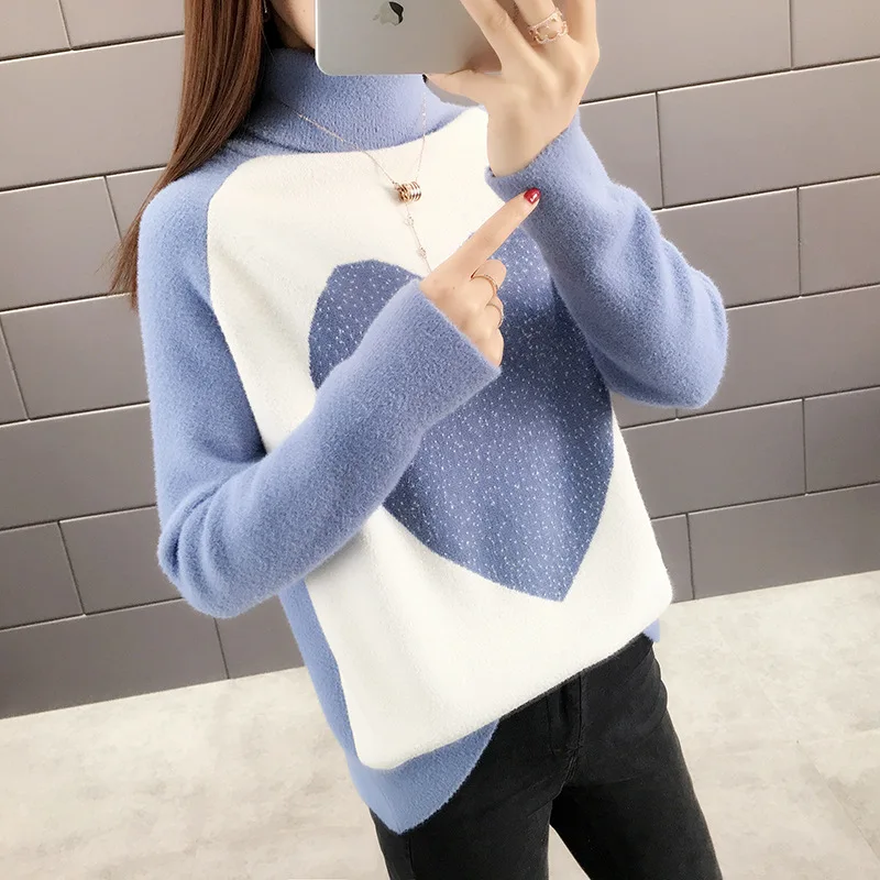 Winter wear new high-necked double-sided woolen sweater thick pullover color matching love two-lapel loose knit bottom | Женская одежда