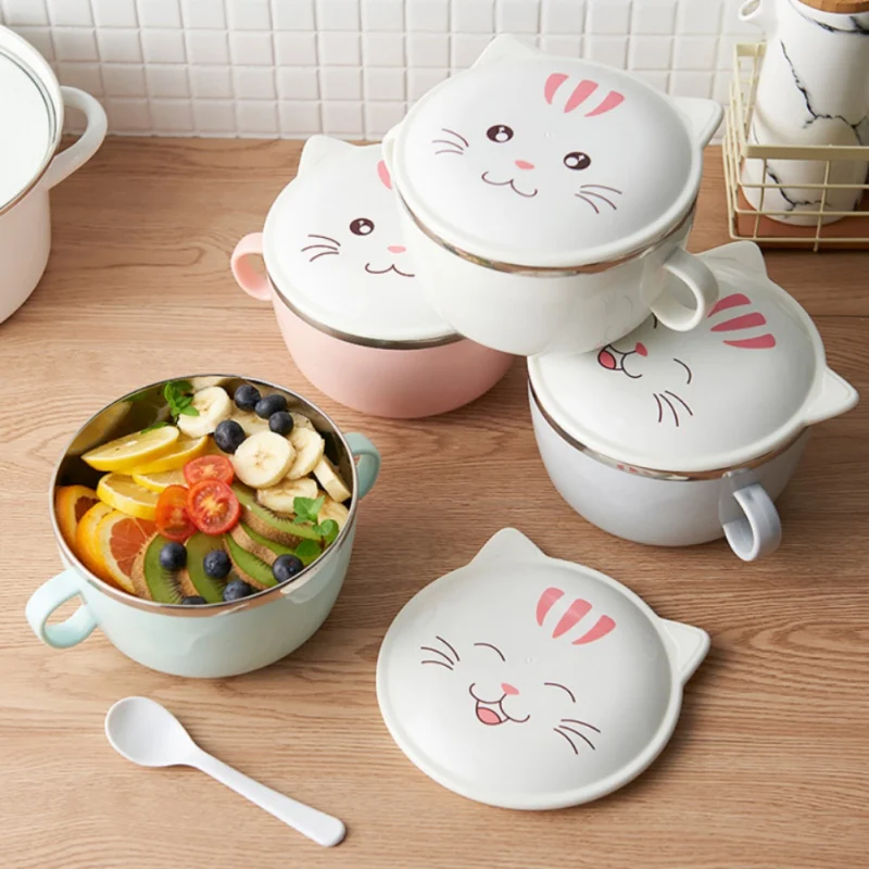 

Cute Stainless Steel Instant Noodle Bowl Cartoon Large Eating Bowl Household Tableware with Lid Spoon Large Soup Noodle Bowl New