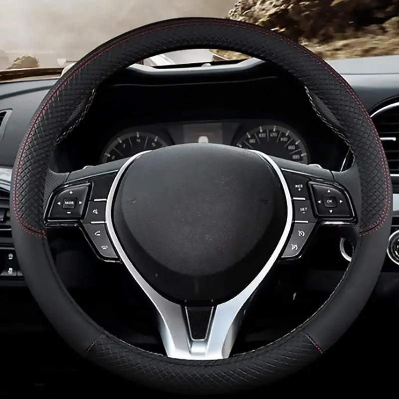 Dia 38cm PU Leather Auto Car Steering Wheel Cover Anti Slip Protective Cover for 14.5-15 inch Vehicle Steering Wheel