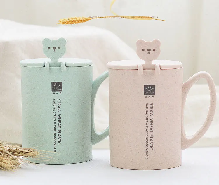 

Plastic Wheat Straw Mugs Coffee Tea Cup With Spoon Office Student Creative Eco-Friendly Water Bottle Children and Girls Gifts