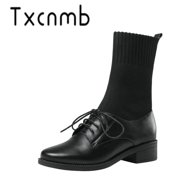 TXCNMB 2019 Boots Women Mid-calf Boots for Women Winter Cow Leather High Heel Shoes Woman Round Toe