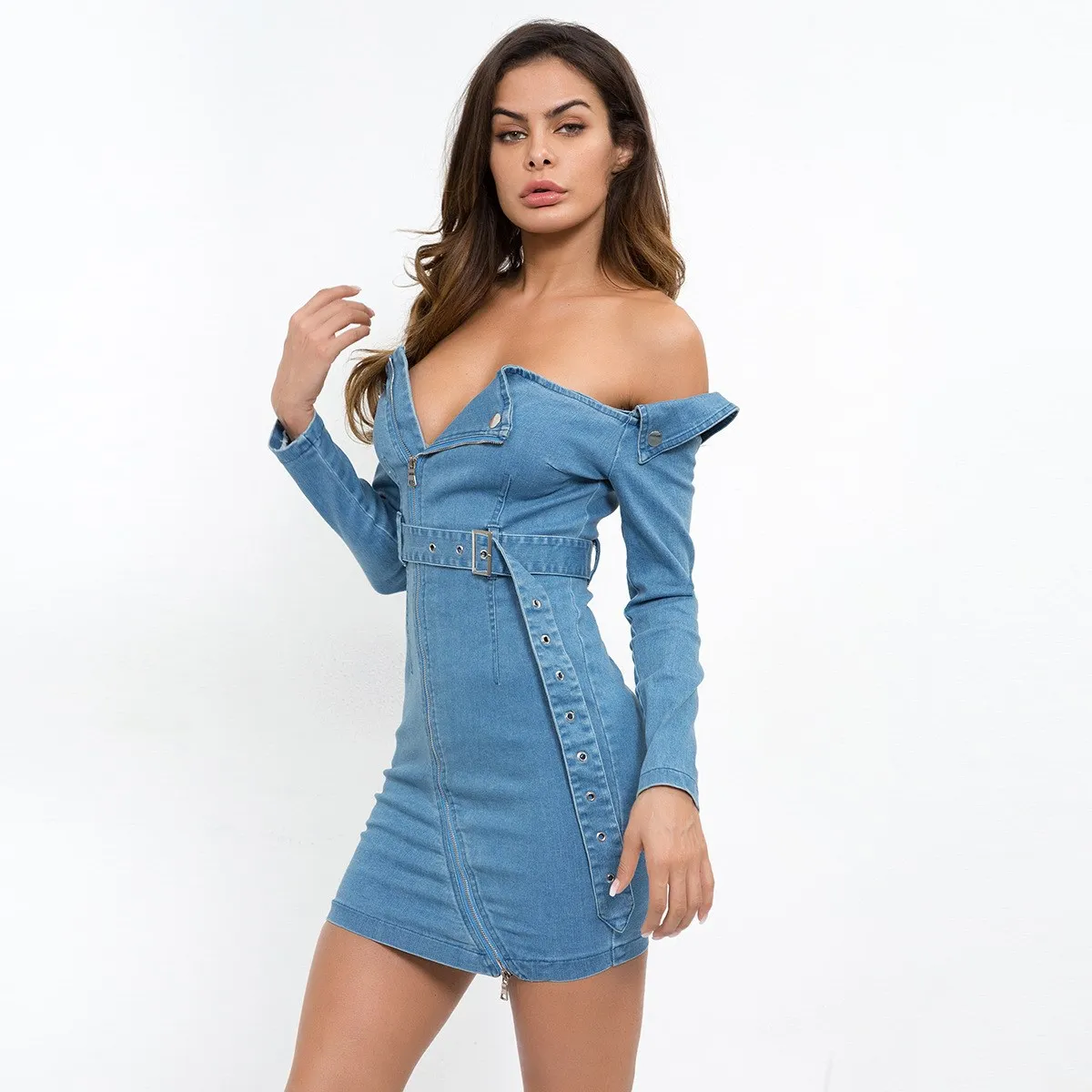 Denim Jean Dress With Belt Women Pencil Long Sleeves Dress Causal Dress Vestidos