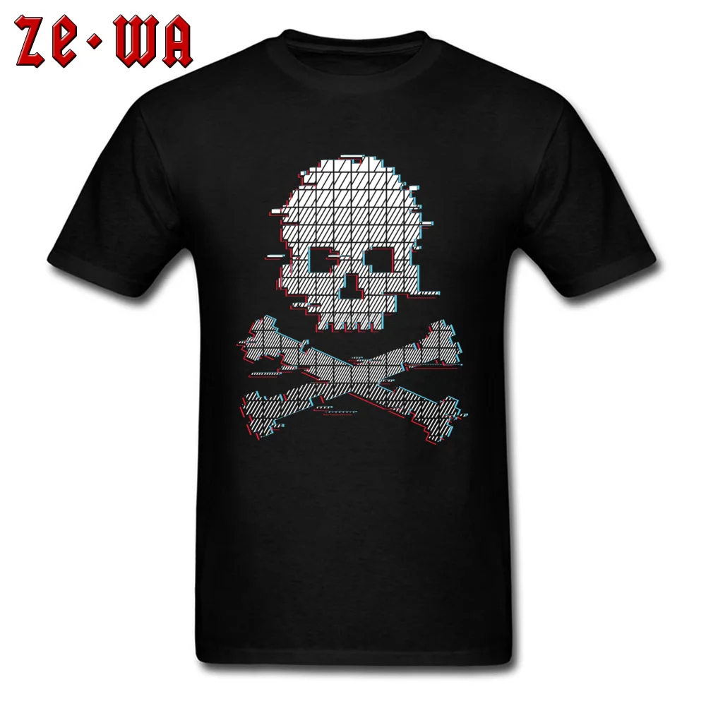 Crossbones Glitch effect T Shirts for Adult Printed NEW YEAR DAY Tops & Tees Company Tee Shirts Crew Neck 100% Cotton Fabric Crossbones Glitch effect black