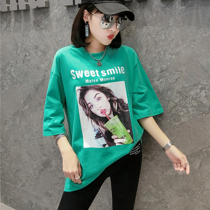 

Summer women's top print white 100% cotton loose t-shirt female short-sleeve plus size batwing shirt short-sleeve t shirt