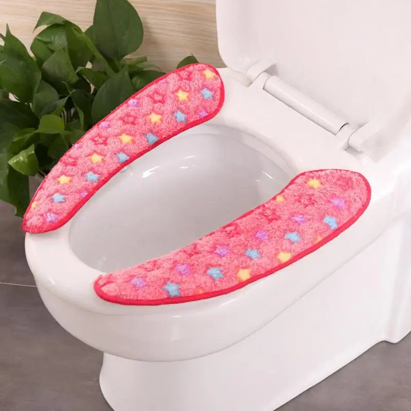 1 Pair Washable Coral Velvet Toilet Seat Cover Paste Bathroom Sticky