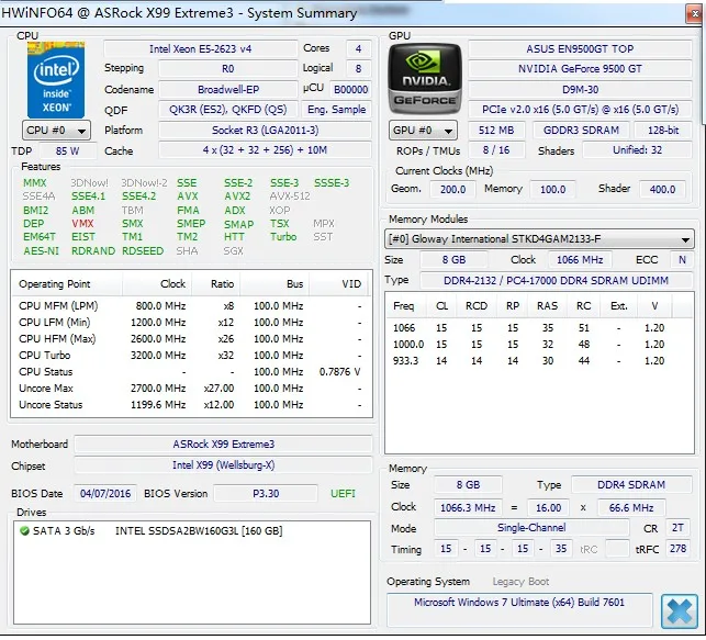 Процессор Intel Xeon ES версии E5 2623V4 QK3R 2,60 ГГц 4 Core 10 МБ E5 2623 V4 FCLGA2011-3 Процессор E5-2623V4