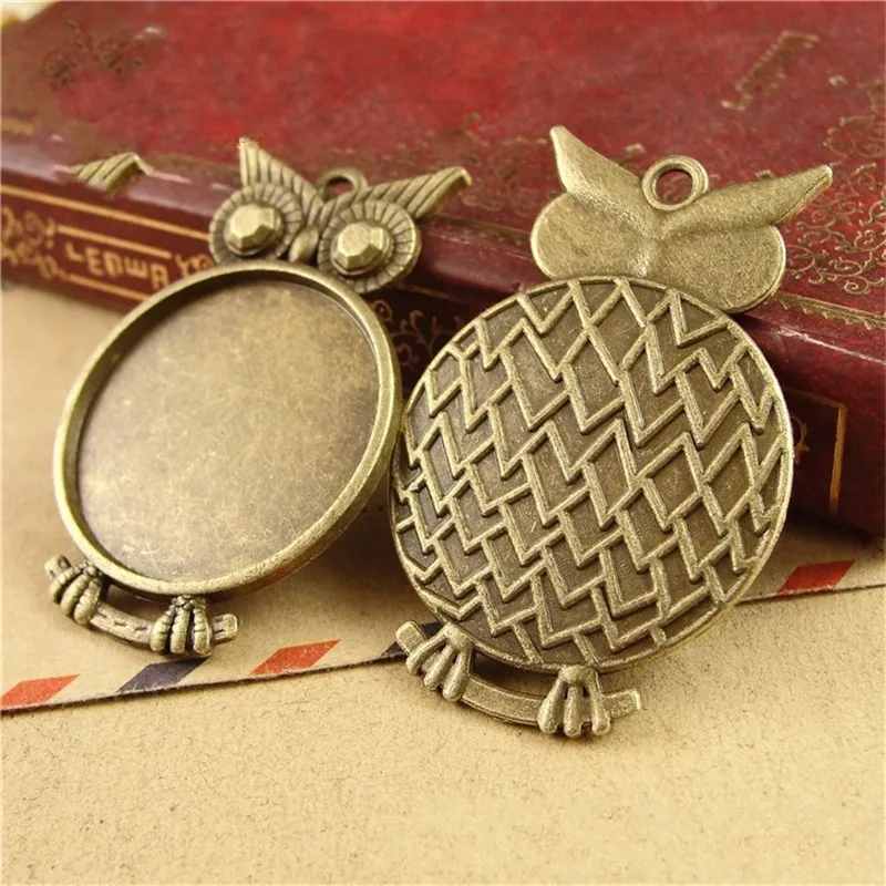 

10pcs Antique Bronze Owl Pendant Charms Base Settings Cabochon Cameo Base Tray Bezel Blank Fit 25mm glass Cabochons DIY Jewelry