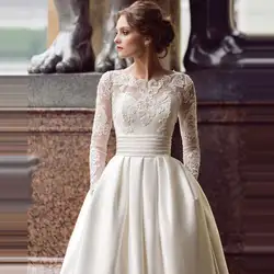 Vestidos de Novia 2019 с длинным рукавом турецкие свадебные платья Scoop Сатиновые аппликации А-силуэт свадебное платье с карманами