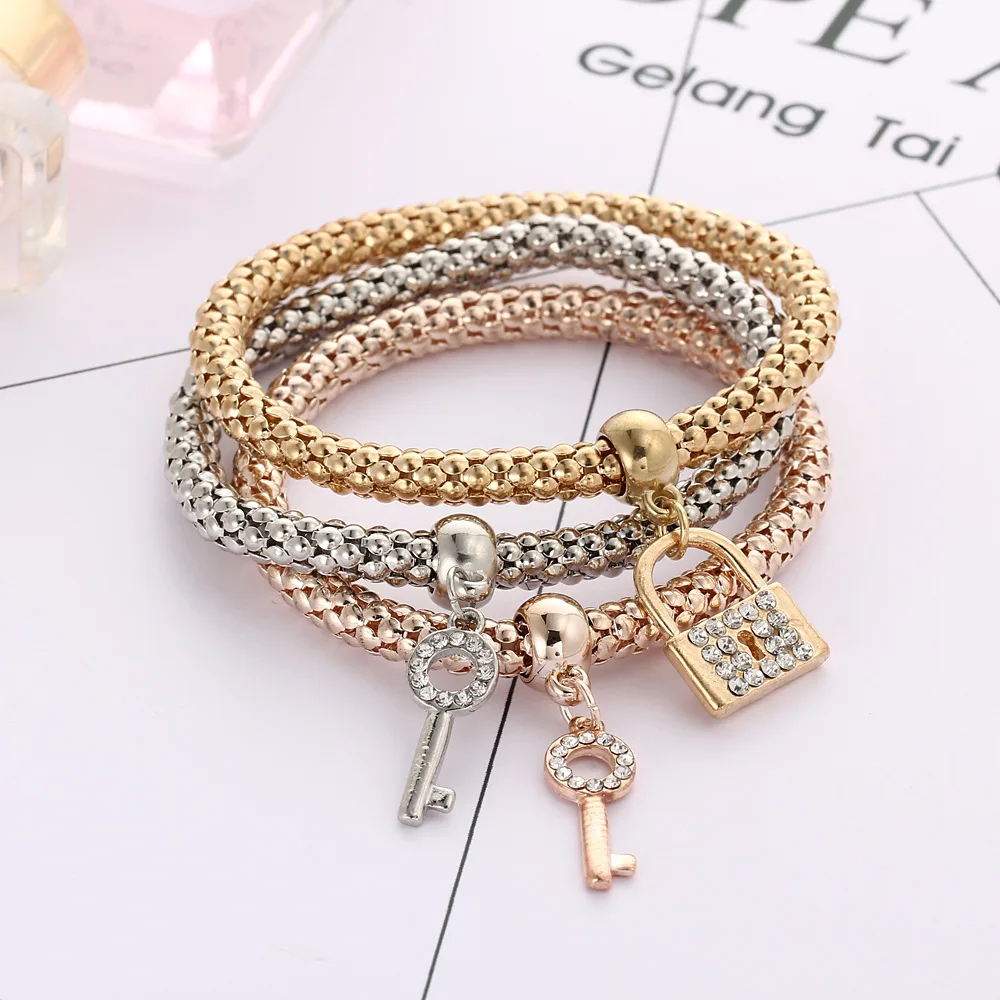 Crystal Key Lock Rhinestone Bracelet 3Pcs in one Set Bracelets Rose