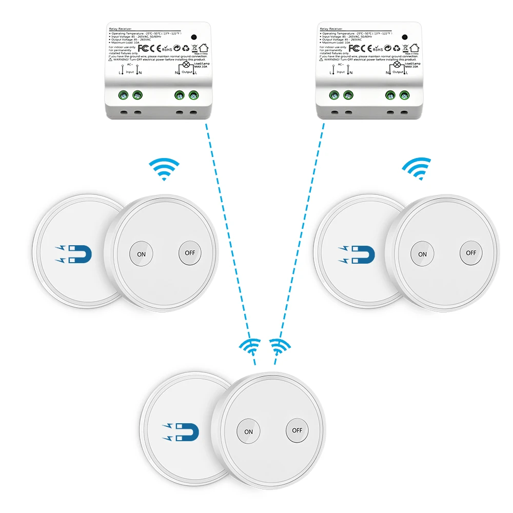 

Magnetic Remote Control Light Switch Kit, 200m Range Mini Wireless Lighting Switch for Household Appliances, 3 remotes 2 relays