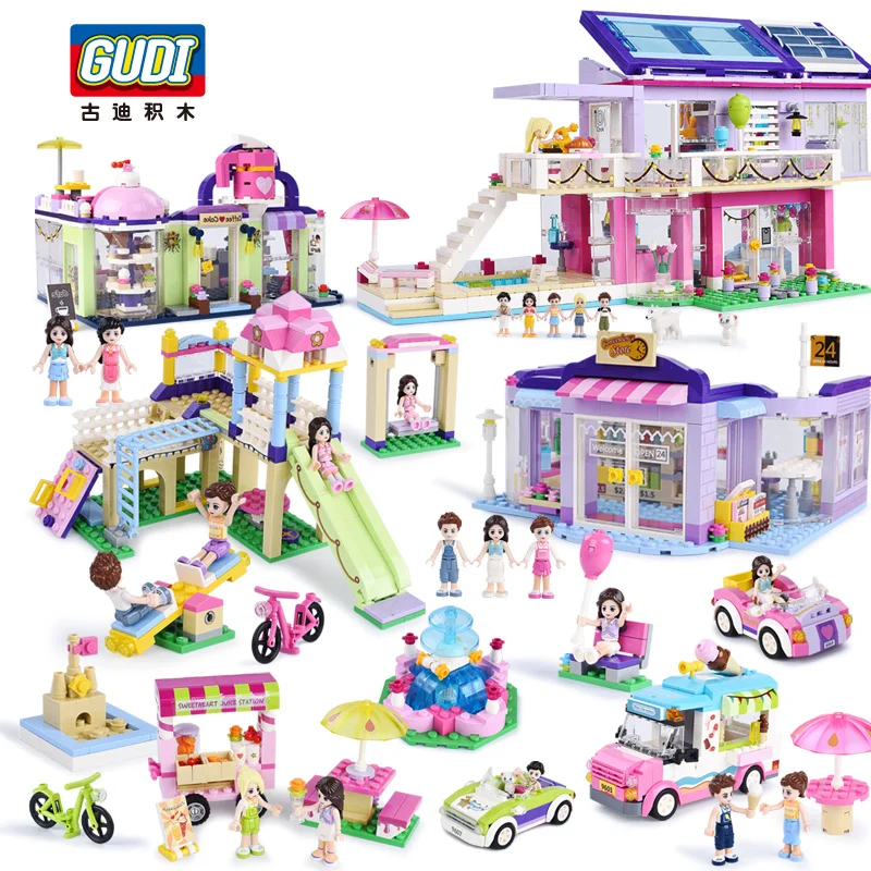 

City Girls Icecream Car Park Party House Coffee Shop Fountain Square Block Set Building Brick Toy Friends