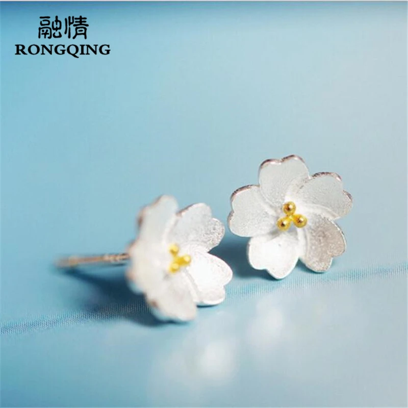 

RONGQING 1Pair/lot Silver Plated Cherry Blossoms Stud Earrings Pure Love Golden Stamens Flower Earrings for Women