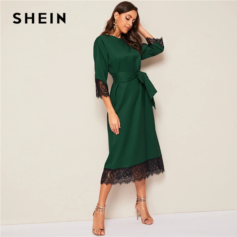 SHEIN стильный абайя зеленый ресницы кружева подол поясом длинное платье-туника Женские Элегантные Твердые Лето Осень офисные женские прямые платья