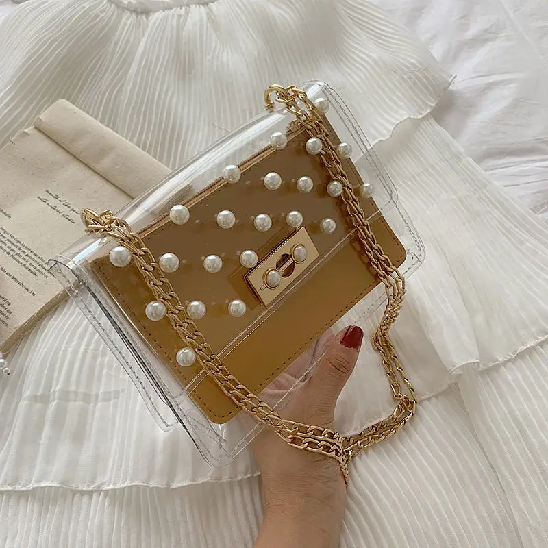 

2019 Fashion Pearls Women Clear Transparent PVC Bag 2Pcs Women Chain Shoulder Bags Clutch Purse Crossbody Bags For Women Set Sac