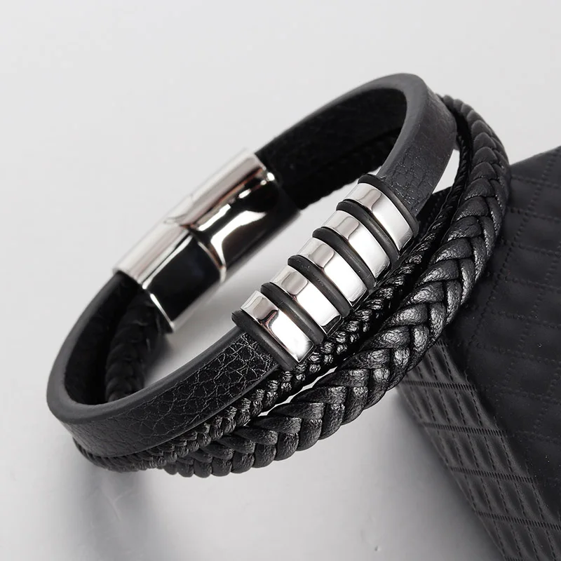 New Vintage Genuine Leather Bracelet Stainless Steel Magnetic Clasp Bangle for Men Jewelry Classic Braid Multilayer Rope