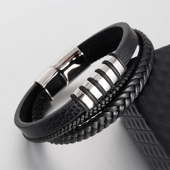 New Vintage Genuine Leather Bracelet Stainless Steel Magnetic Clasp Bangle for Men Jewelry Classic Braid Multilayer Rope