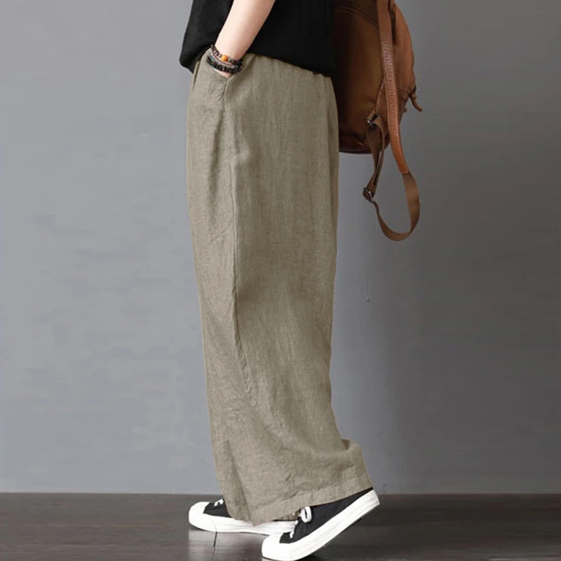 S-5XL Women Fashion Loose Long Pants Cotton Linen Solid Wide Leg Pants With Pockets Ladies Casual Summer Autumn Baggy Trousers