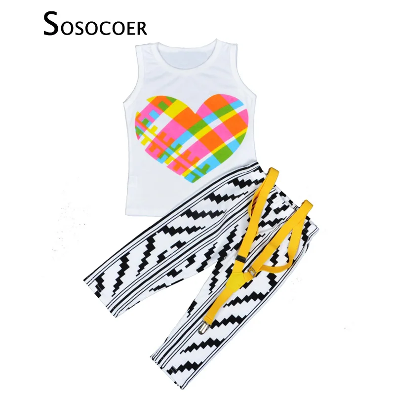 

SOSOCOER Toddler Girls Clothing Sets Summer Heart-shaped T Shirt+Pant+Adjustable Strap 3pcs Kids Baby Girl Clothes Outfits Set