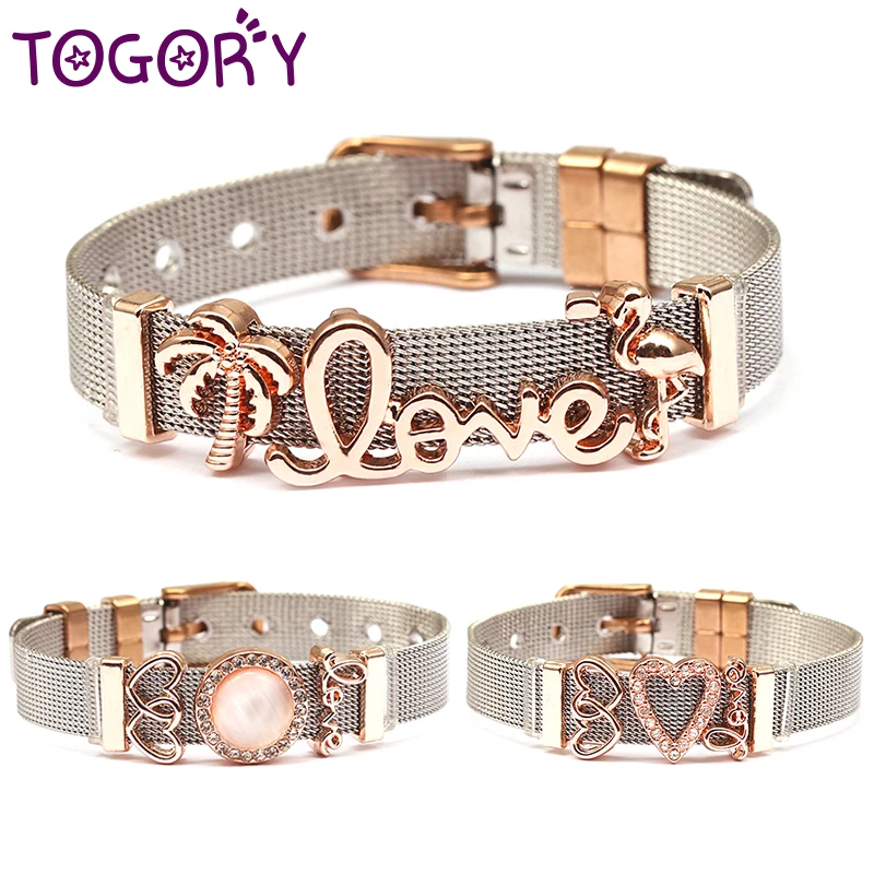 

TOGORY Drop shipping Fashion Jewelry Fine Bracelets with Gold Slide Charms Stainless Steel Mesh Bracelet Bangle As Women Gift