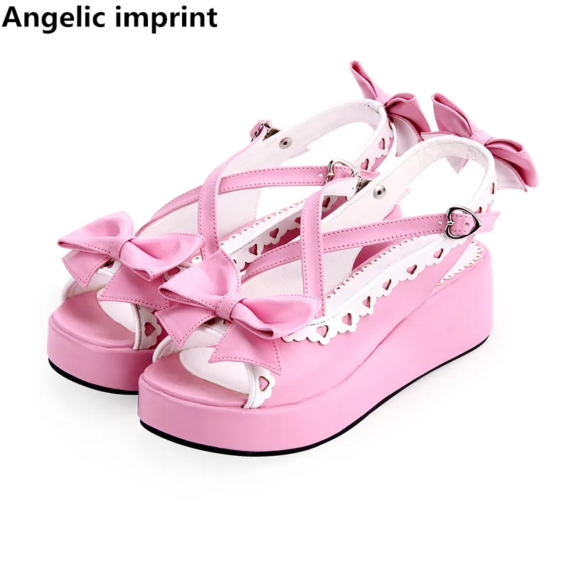 

Angelic imprint woman mori girl lolita cosplay shoes lady mid trifle heel wedges pumps women princess summer dress sandals bow