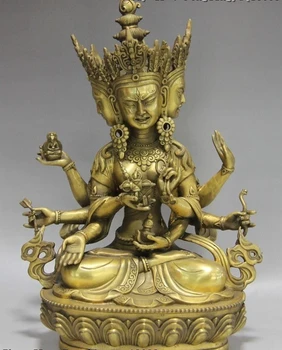 

13 Tibet Fane Pure Brass 3 Heads 8 Arms Ushnisha Vijaya Guan Yin Kwan-yin Statue