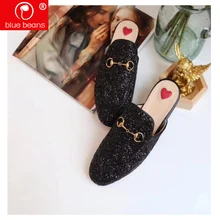 

blue beans Princetown slippers genuine leather Classic fashion Sequins horsebit slippers woman love mules shoes slip-on real