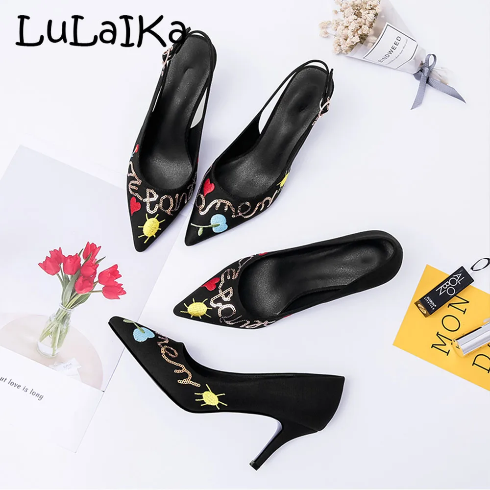 Zehe Stilettos Hochzeit High Schuhe Bling Schwarz Spitz Sticken Dame Party Sexy Pailletten Blume Frau Pumps Heels Neue Marke cjALqR3S54