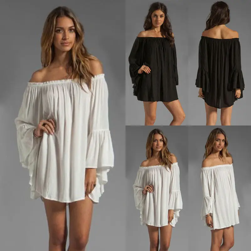 Women Boho Off Shoulder Long Sleeves Loose Top Summer Beach Cover Up