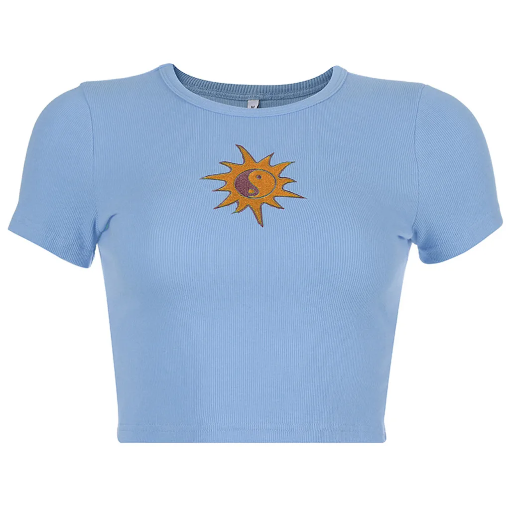Модная женская короткая майка с коротким рукавом и вышивкой в виде маленького солнца, женская летняя модная футболка с круглым вырезом и коротким рукавом, новая футболка - Цвет: Bule