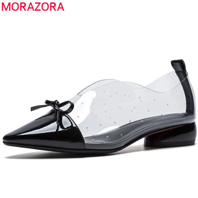 

MORAZORA 2019 hot sale women pumps bowknot pvc +patent leather shoes ladies spring summer square heels office shoes ladies