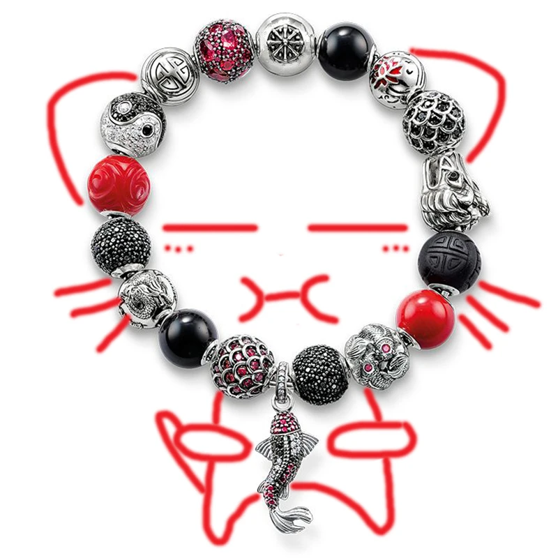 TS Karma Cut Bead Chain TS Bracelets with Silver Fish Carp TS Charms Fashion DIY Jewelry, Thomas Style Charm Bracelet for Women
