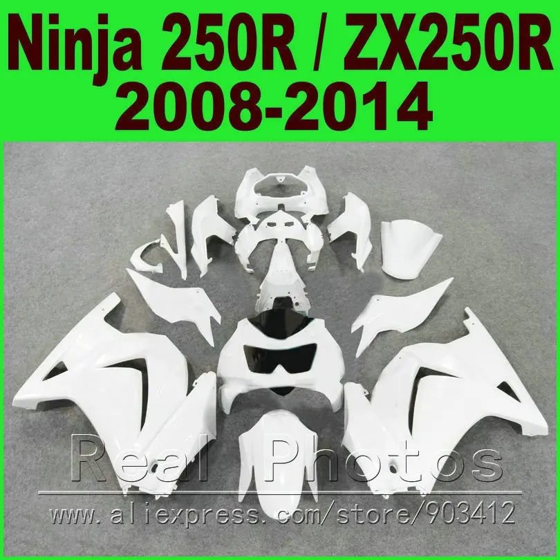 Все Белый DIY Kawasaki Ninja 250r Обтекатели БПК комплект 2008-2014 EX250 2009 2010 2011 2012 ZX 250 обтекателя комплекты деталей R4Y8
