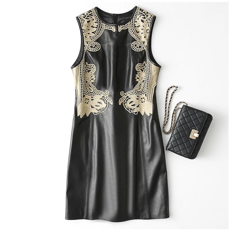 

Genuine Leather Dress Fashion Print O-neck Sleeveless Sheepskin Dresses Autumn Winter Ladies Elegant Leather Party Dress LJ2018