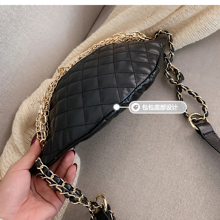 Cool Chain Gold Letters Plaid Leather Fanny Waist Pack Waist Bag Casusl Waterproof Antitheft Leather Muti-function Bag for Women