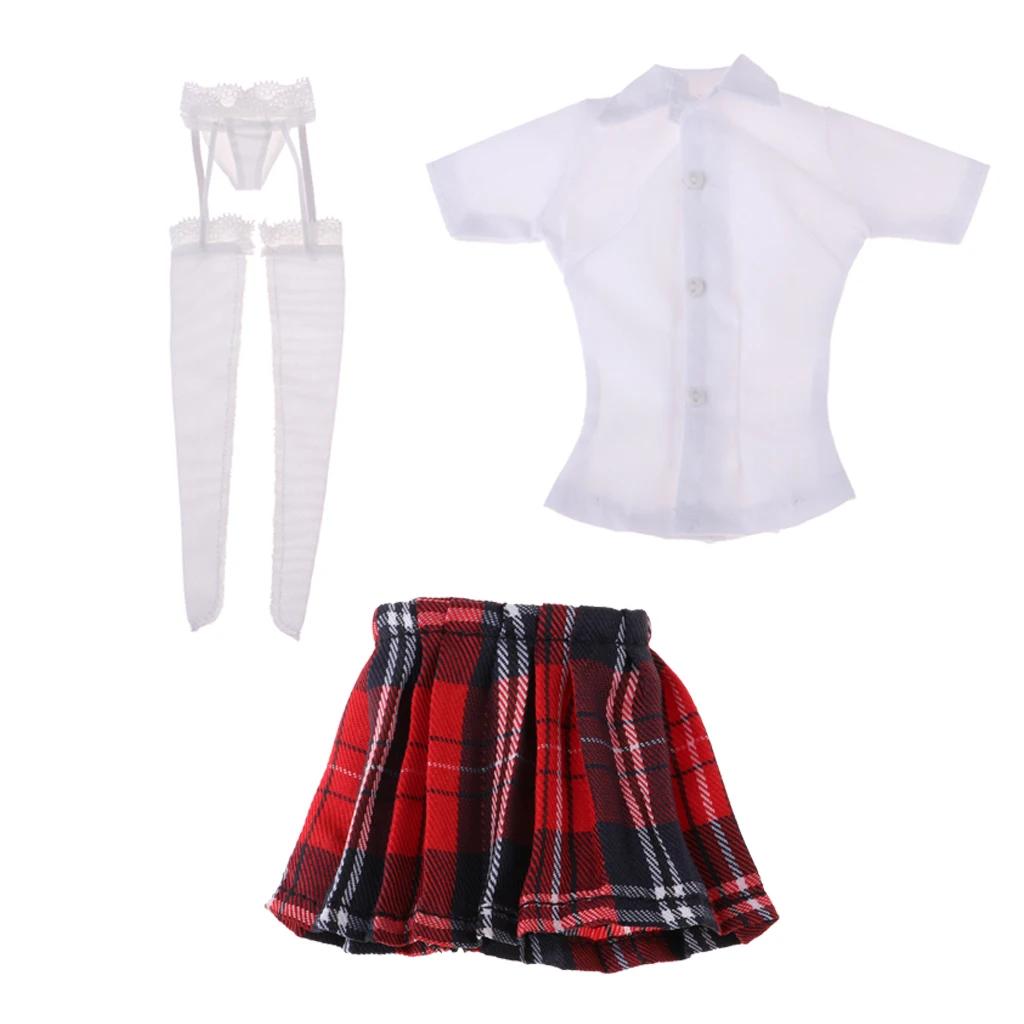 1:6 Scale Schoolgirl Shirt and Skirt & Garter Stockings for 12inch Phicen Steel Female Body Cloth
